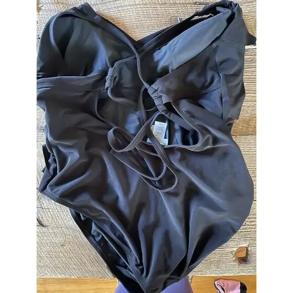 Beyond Control Swimwear Ruffle Black Solid One Piece Swimsuit NWOT 16 $139 - Picture 5 of 6